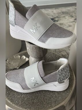 Michael Kors Women’s Slip-On Wedge Sneakers in Light Gray and White